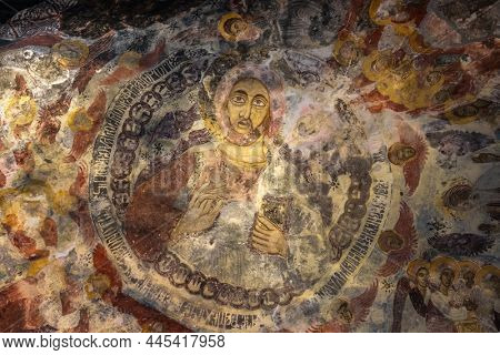 Trabzon, Turkey - October 11, 2021: Remains of the old christian frescoes with Jesus Christ in Sumela Monastery, Macka, Trabzon, Turkey.