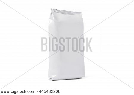 Coffee Bag Mockup Isolated On White Background. Front View. White Package For Tea, Biscuit. Paper Po