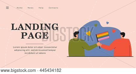 Back View Of Men Holding Lgbt Flag Flat Vector Illustration. Gay Couple Holding Each Others Hands Is
