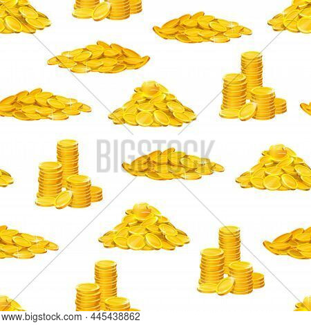 Cartoon Golden Coins Stacks Seamless Pattern Background, Vector Gold Money Cash. Golden Coins Piles 