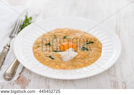 Traditional Portuguese Dish Bread With Fish Acorda On Dish