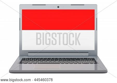 Indonesian, Monacan Flag On Laptop Screen. 3d Illustration Isolated On White Background