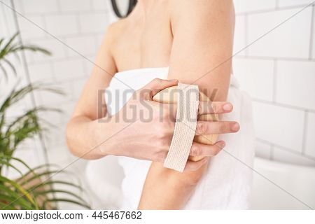 Bathroom Skin Care. Body Brush Routine. Woman Peeling. Female Person Drainage Scrub. Wooden Massage.