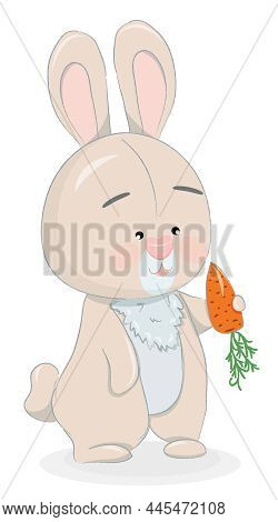 Cartoon Happy Pink Rabbit Standing And Holding Carrot