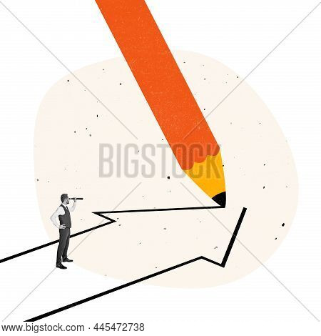 Contmporary Art Collage. Modern Design. Businessman Standing On Drawing Arrow Looking In Telescope S