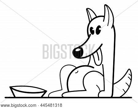 Funny Cartoon Dog Sitting Near His Bowl Satiated And Happy Vector Flat Style Illustration Isolated O
