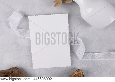 Blank Wedding Invitation Stationery Card Mockup On Grey Stone Table Background With White Ribbon, Fe