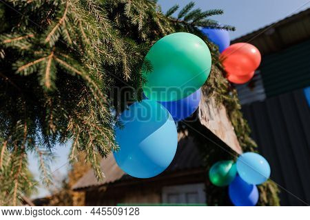 Wedding Arch Made Of Colorful Inflatable Balloons. Celebration Of A Children's Party. Arch Made With