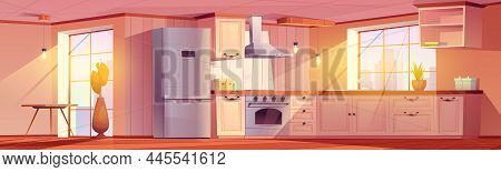 Kitchen Interior With Dining Table, Counter, Fridge, Stove And Cupboards. Vector Cartoon Illustratio