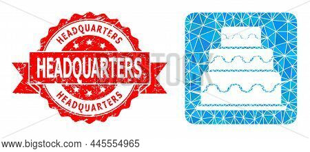 Low-poly Triangulated Cake 2d Illustration, And Headquarters Corroded Stamp Seal. Red Seal Has Headq