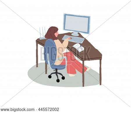 Vector Cartoon Flat Woman Character Sits At Table, Young Girl Studies And Works Using Computer-dista