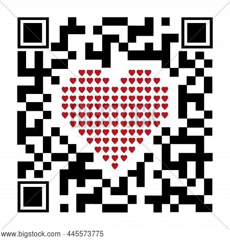 Decorative Qr Code With A Heart, Color Vector Illustration On A White Background.