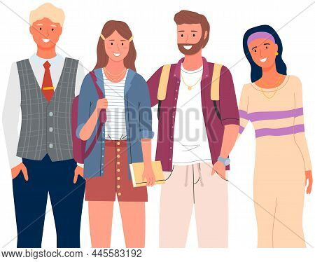 Diverse College, University Students Standing In Line. Group Of Young People, Multicultural Men And 