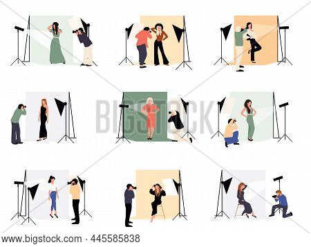 Photographers In Studio. Cartoon Models Working At Photo Studio In Different Poses. Men And Woman Mo