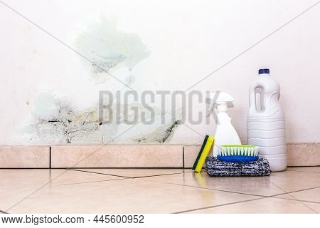 Wall With Mold Problem And Water Infiltration, With Bucket, Squirt, Sponge And Brush For Cleaning Ne