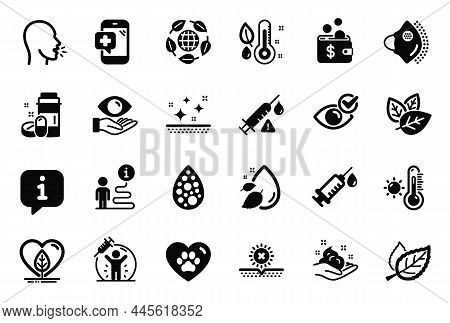 Vector Set Of Healthcare Icons Related To Pets Care, Weather Thermometer And Eco Organic Icons. Skin