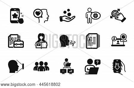 Vector Set Of Face Id, Donation Money And Video Conference Icons Simple Set. Vacancy, Romantic Talk 
