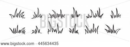 Grass Bush Line Vector Set Hand Drawn, Sketch Elements Meadow And Landscape, Scribble Lawn, Black Bo