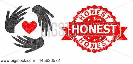 Low-poly Triangulated Lovely Craft Hands Symbol Illustration, And Honest Scratched Stamp. Red Stamp 