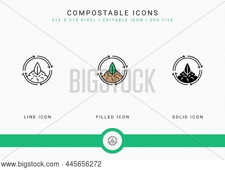 Compostable Icons Set Vector Illustration With Solid Icon Line Style. Bio Degradable Concept. Editab