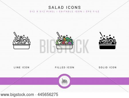 Salad Icons Set Vector Illustration With Solid Icon Line Style. Healthy Vegan Ingredients Concept. E