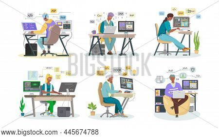 Programmer Engineering And Coding. Programmer Working On Code For Web App Development On Computer. C