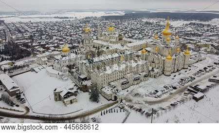Pochaev, Ukraine - December 20, 2021: Aerial View Of Winter Pochaev Lavra