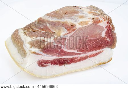Piece Of Salted Pork Meat On White Background. Studio Photo