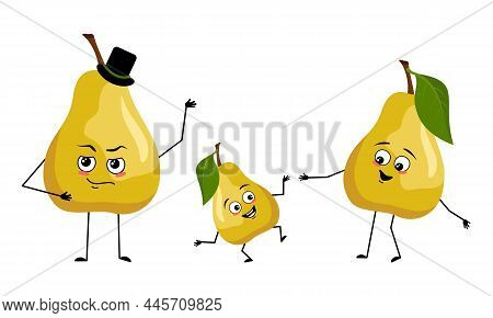 Family Of Pear Fruit Characters With Happy Emotions, Smile Face, Happy Eyes, Arms And Legs. Mom Is H