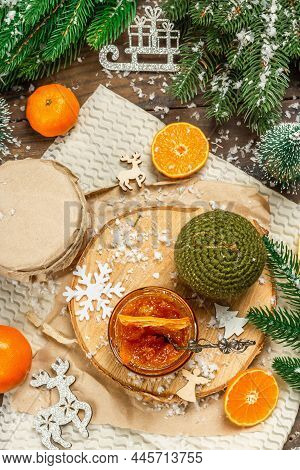 Orange Marmalade Or Orange Jam In Glass Jars. Sweet Confiture With Festive Christmas Decor