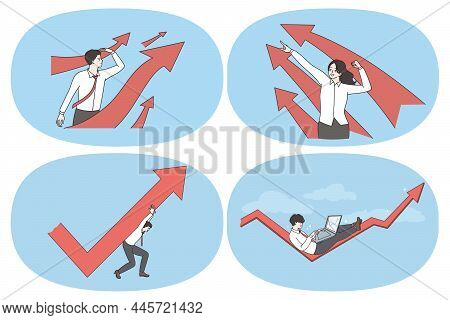 Business Success And Development Concept. Set Of Business People Looking Ahead With Developing Work 