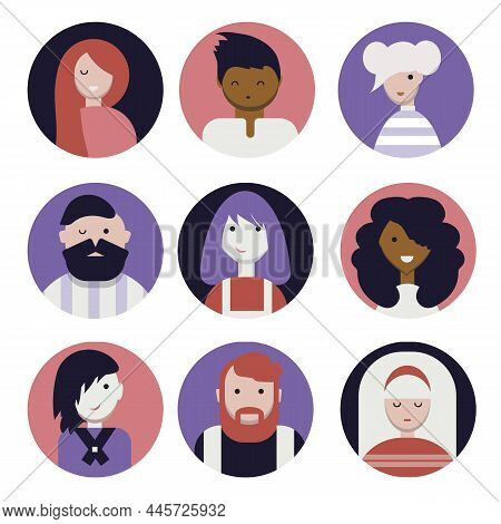 Satisfied People Faces, Abstr Laughing People Portraits Vector. Set Of Portrait Young Man And Woman 