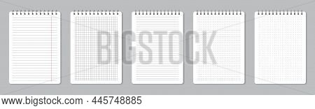 Notebook Pages With Wire Binding, Realistic Lined Paper Sheets. Empty School Notepad Page, Memo Note