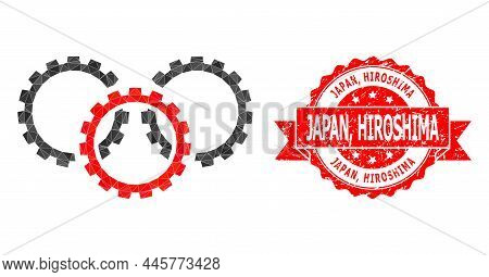 Lowpoly Triangulated Gears Symbol Illustration, And Japan, Hiroshima Unclean Seal Imitation. Red Sta