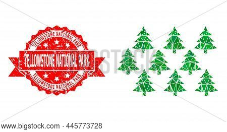 Lowpoly Polygonal Fir Forest 2d Illustration, And Yellowstone National Park Corroded Stamp Seal. Red