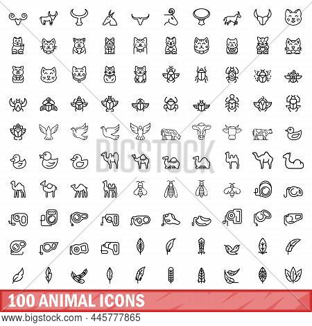 100 Animal Icons Set. Outline Illustration Of 100 Animal Icons Vector Set Isolated On White Backgrou