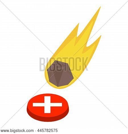 Falling Meteorite Icon Isometric Vector. Meteorite With Tongue Flame, Red Button. Meteor Rain, Astro