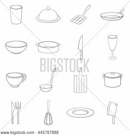 Basic Dishes Set Icons In Outline Style Isolated On White Background