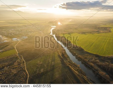 Aerial View Of Vacha River, Pouring Into The Maritsa River Near City Of Plovdiv, Bulgaria