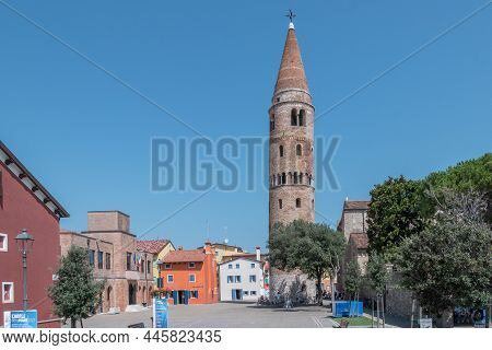 View Of Vescovado Square And Cathedral Bell Tower. Caorle (ve), Italy - July 29, 2021.