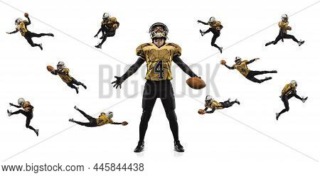 Full-length Horizontal Portrait Of Professional American Footbal Player Training Isolated Over White