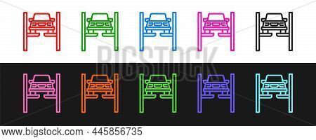 Set Line Repair Car On Lift Icon Isolated On Black And White Background. Repair Of The Underbody, Su