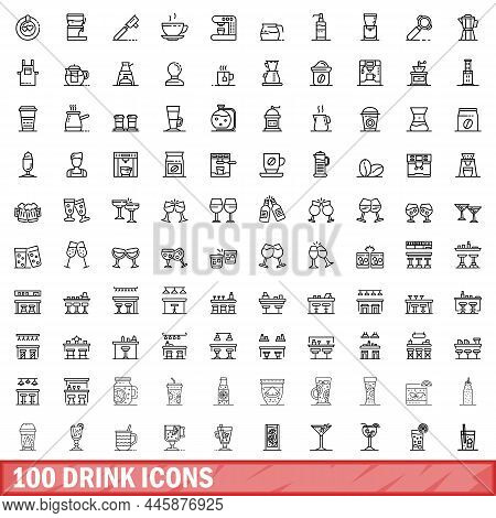 100 Drink Icons Set. Outline Illustration Of 100 Drink Icons Vector Set Isolated On White Background