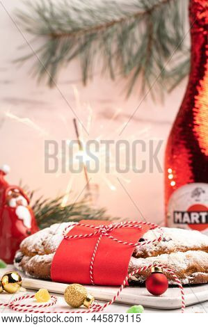 19.12.2021, Russia, Moscow. Festive Serving Of The Christmas New Years Table. A Bottle Of Martini Ch