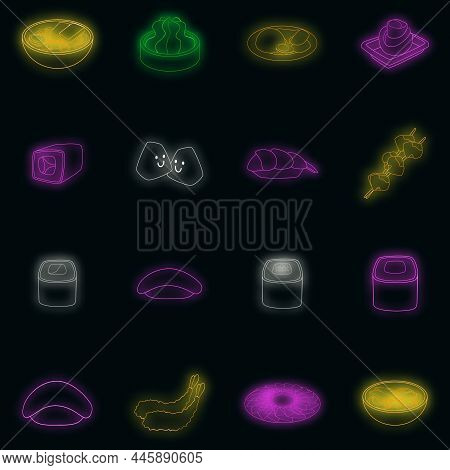 Japanese Food Icons Set. Illustration Of 16 Japanese Food Vector Icons Neon Color On Black