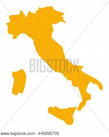 Vector Gold Map Of Italy. Map Of Italy Is Isolated On A White Background. Gold Particles Mosaic Base