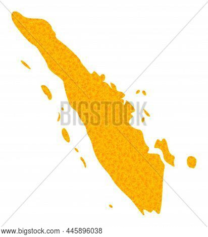 Vector Golden Map Of Sumatra Island. Map Of Sumatra Island Is Isolated On A White Background. Golden