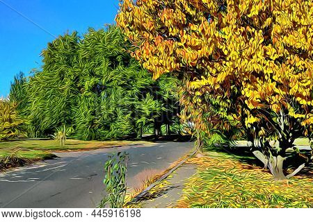Autumn Landscape Path In The City Garden Illustration Made In Vexel Art Technique