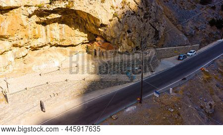Empty Rural Road Through The Beautiful Gorge Of Kourtaliotikos In Crete Island In Greece.