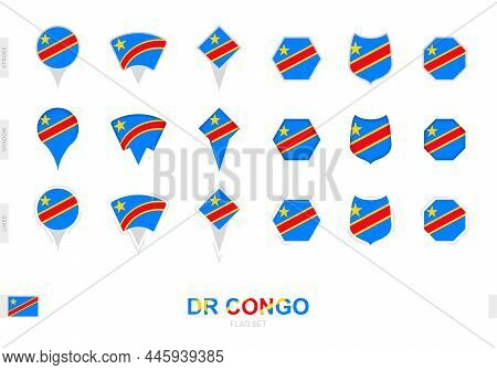 Collection Of The Dr Congo Flag In Different Shapes And With Three Different Effects. Vector Flag Se